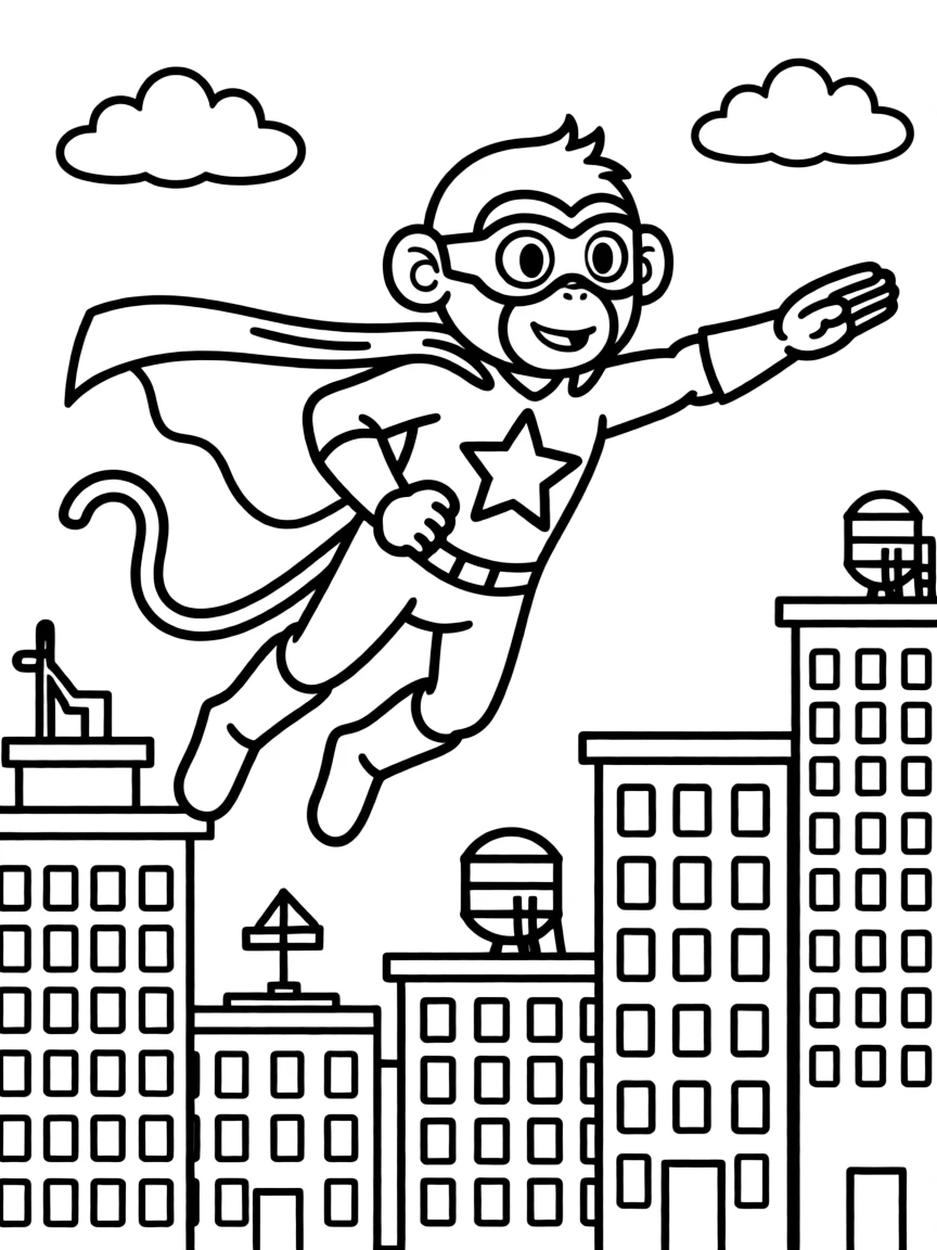 A monkey dressed as a superhero, flying through the city.