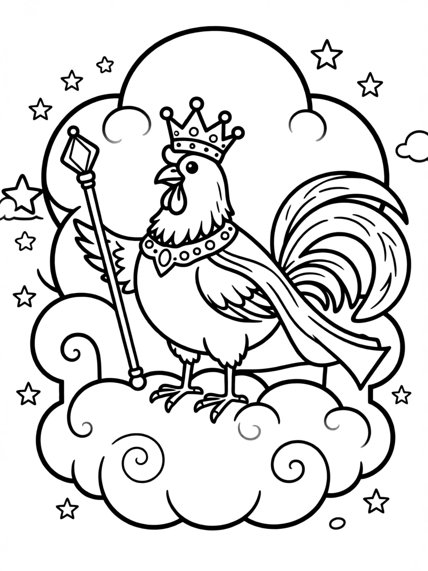 A rooster dressed as a king, sitting on a throne of fluffy clouds.