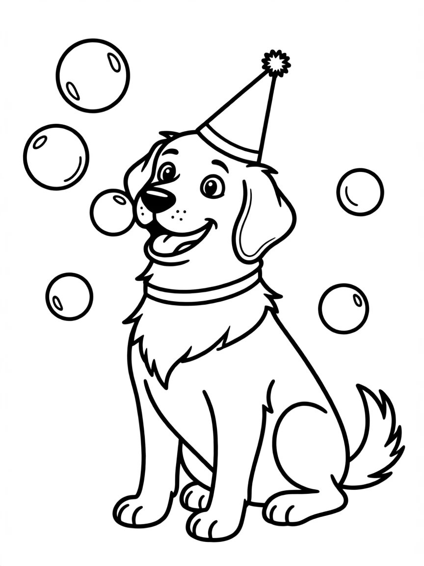 A dog wearing a tiny birthday hat, blowing bubbles.