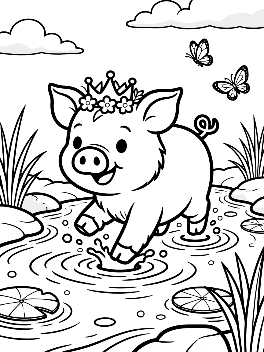 A pig wearing a tiny crown of flowers, playing in a sparkling stream.