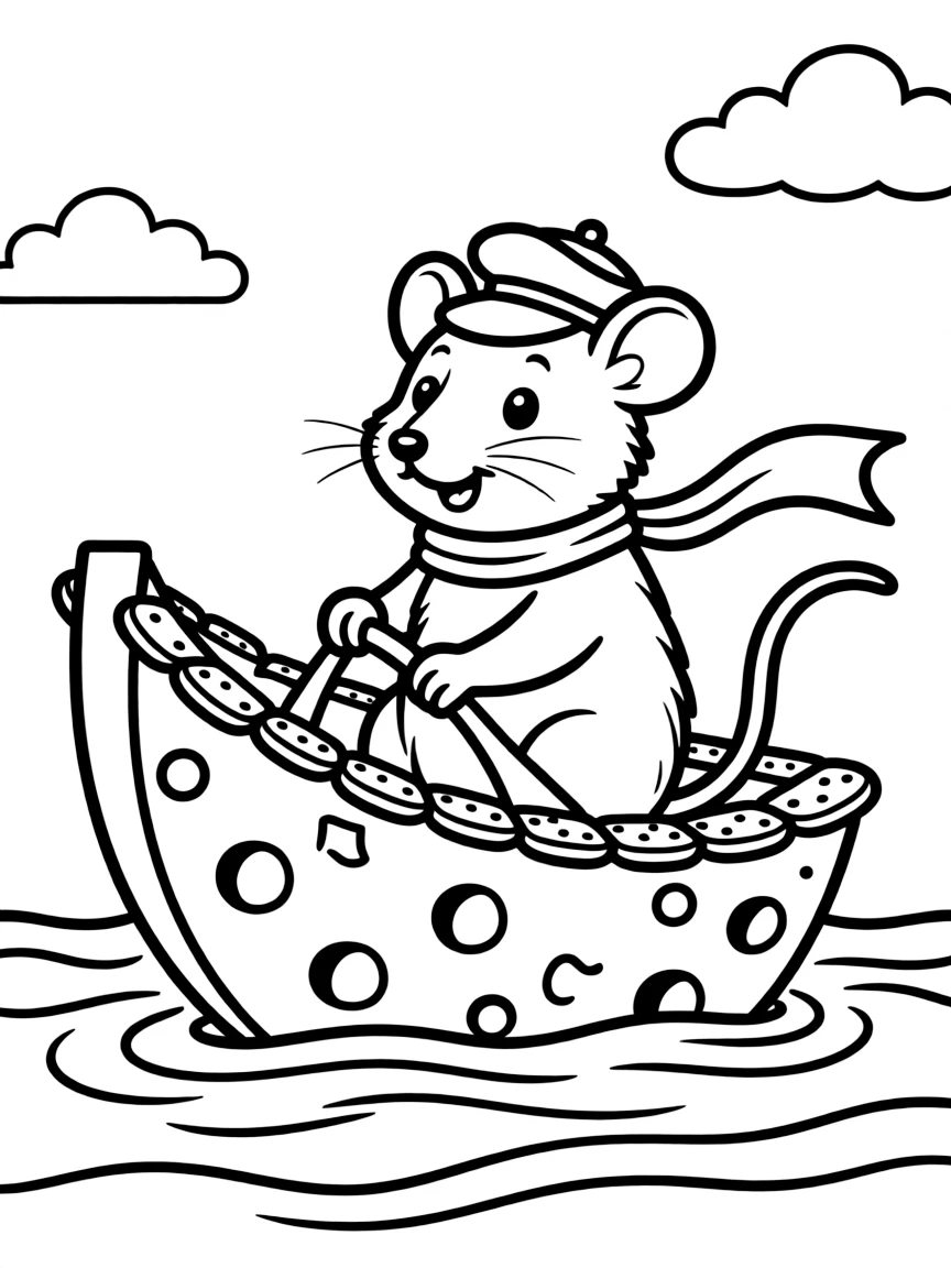 A rat driving a tiny boat made of cheese and crackers.
