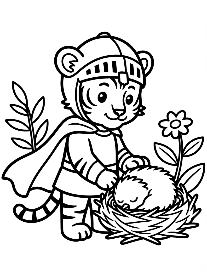 A tiger cub dressed as a knight, protecting a sleeping baby bird.