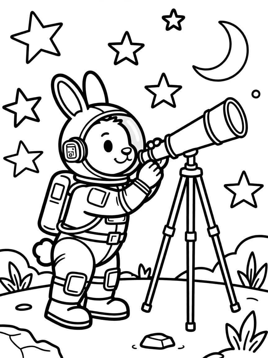 A rabbit dressed as an astronaut, looking at stars through a telescope.