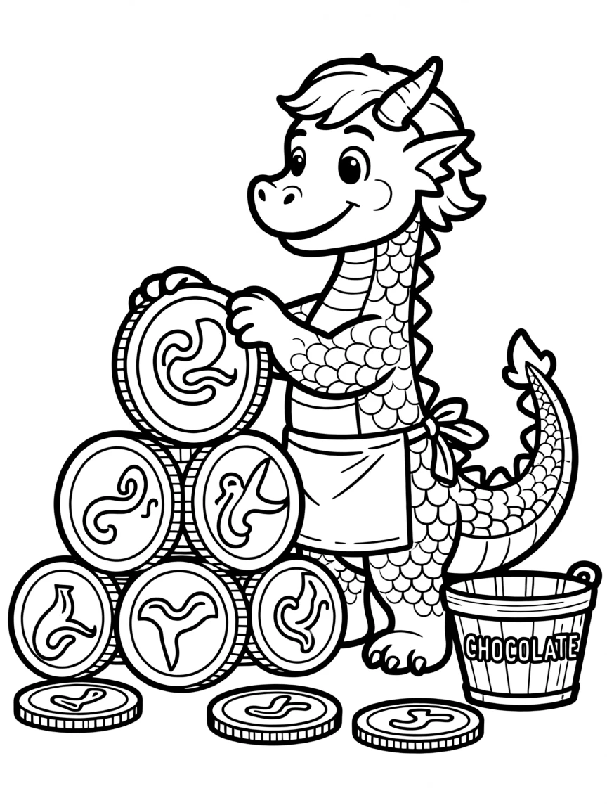 A dragon building a pyramid of giant chocolate coins.