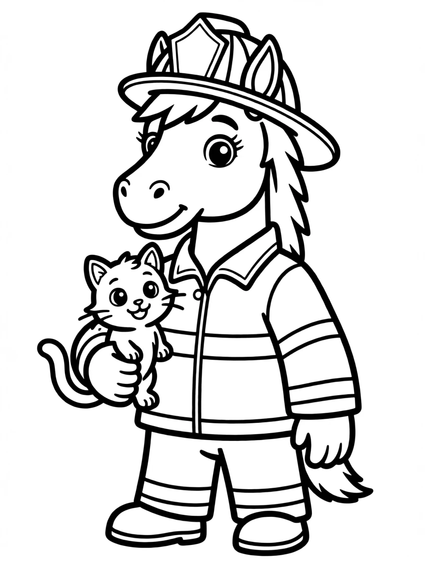 A horse dressed as a firefighter, carrying a small cat.