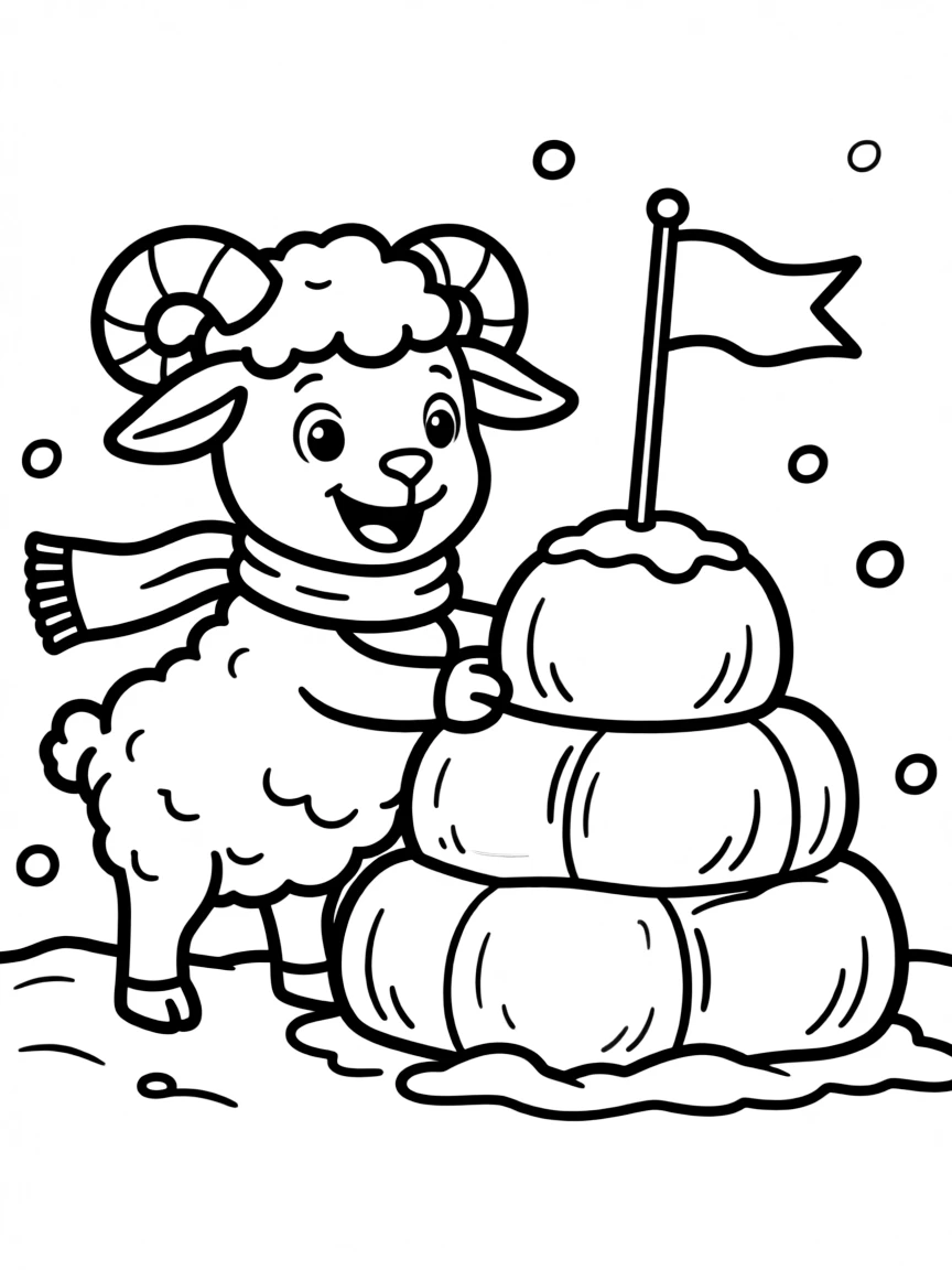 A sheep wearing a tiny scarf, building a snow fort with a flag.