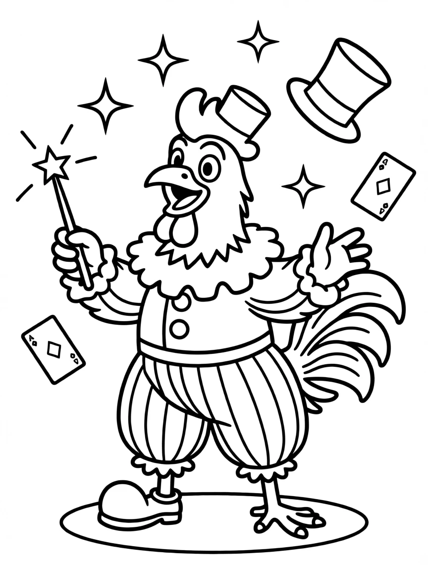 A rooster dressed as a clown, performing magic tricks.