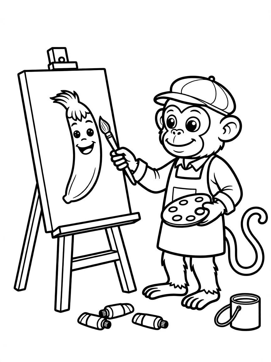 A monkey dressed as a painter, painting a self-portrait with a banana.