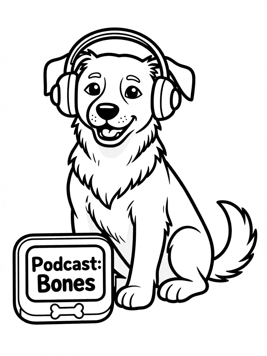 A dog wearing tiny earmuffs, listening to a podcast about bones.