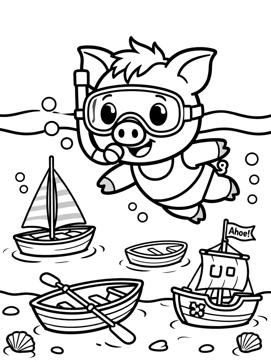 A pig wearing a tiny snorkel, exploring a shipwreck of toy boats.