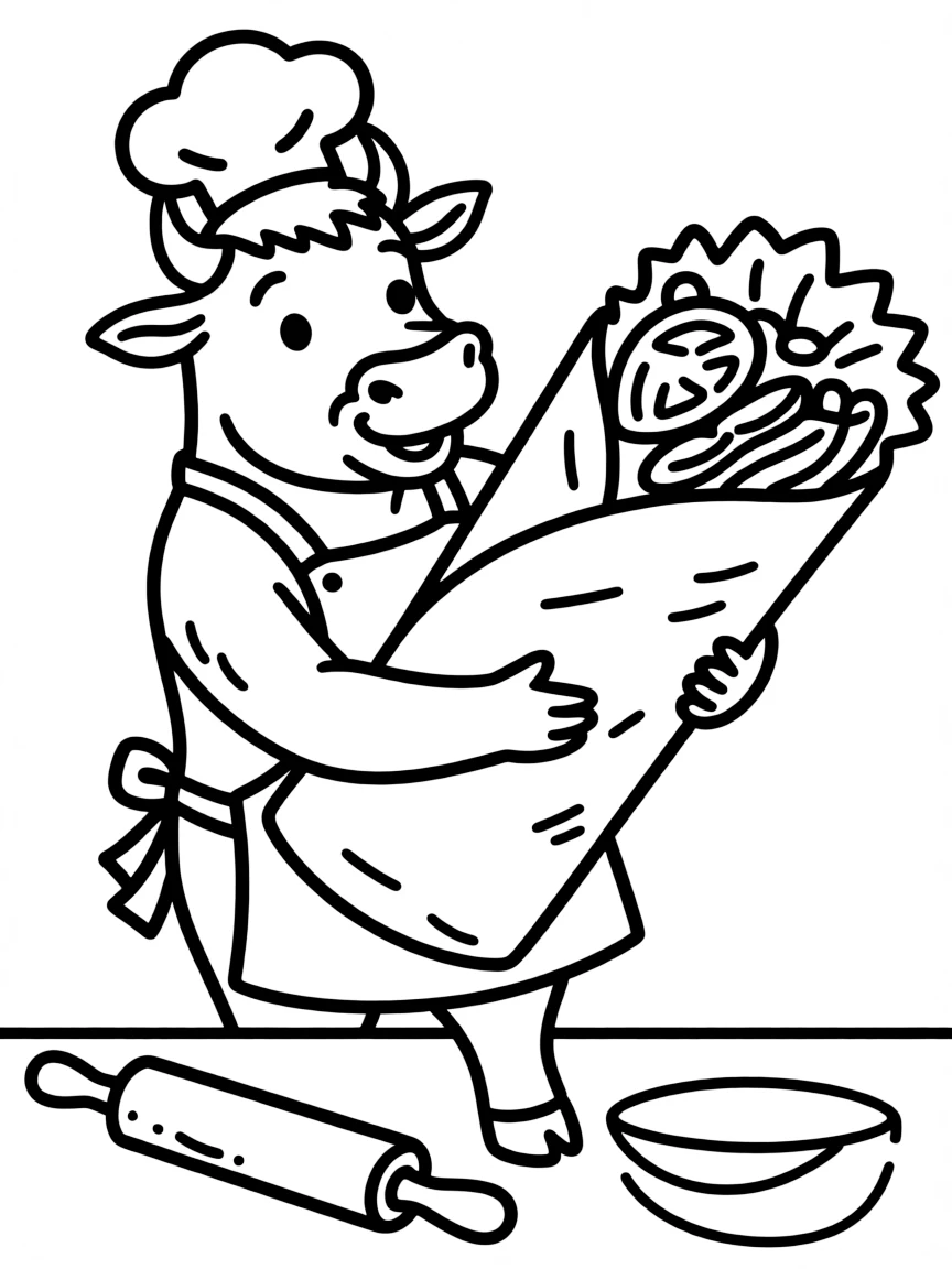An ox wearing a tiny chef's hat, making giant burritos.