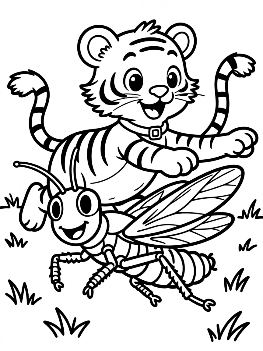 A tiger cub chasing a giant, friendly grasshopper.