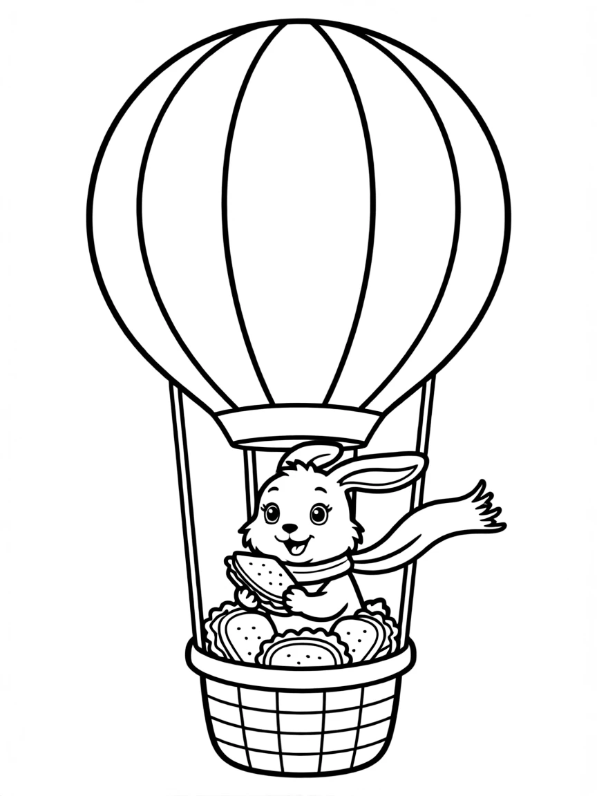 A rabbit riding a hot air balloon with a basket of sandwiches.