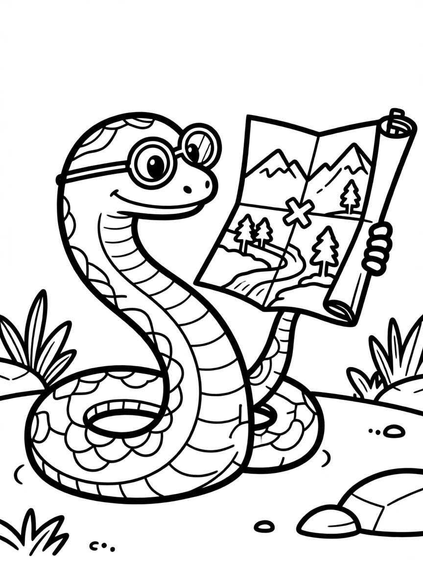 A snake wearing tiny spectacles, studying a map.