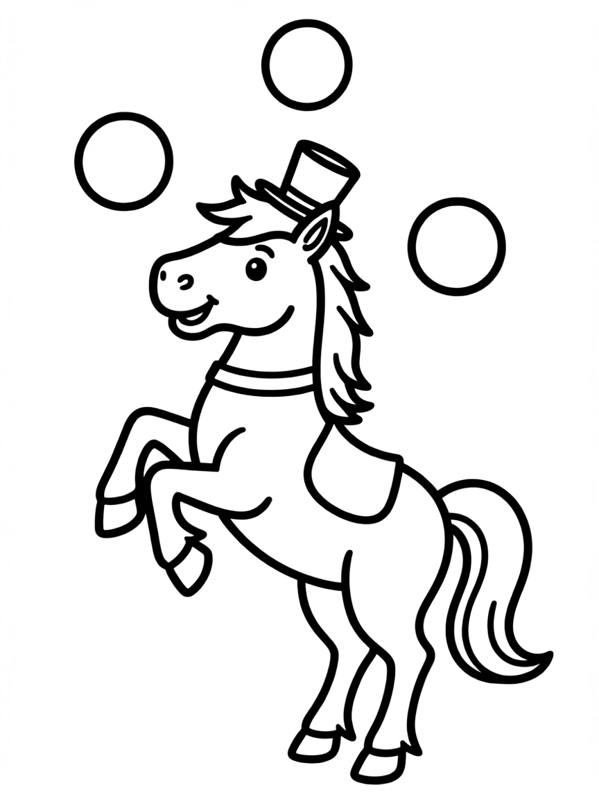 A horse wearing a tiny top hat, performing a juggling act.