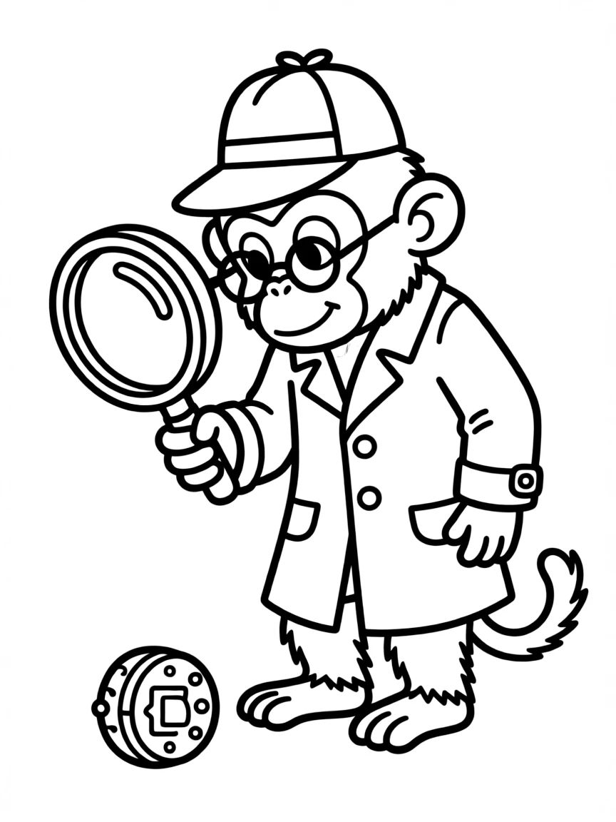 A monkey dressed as a detective, examining a mystery object.