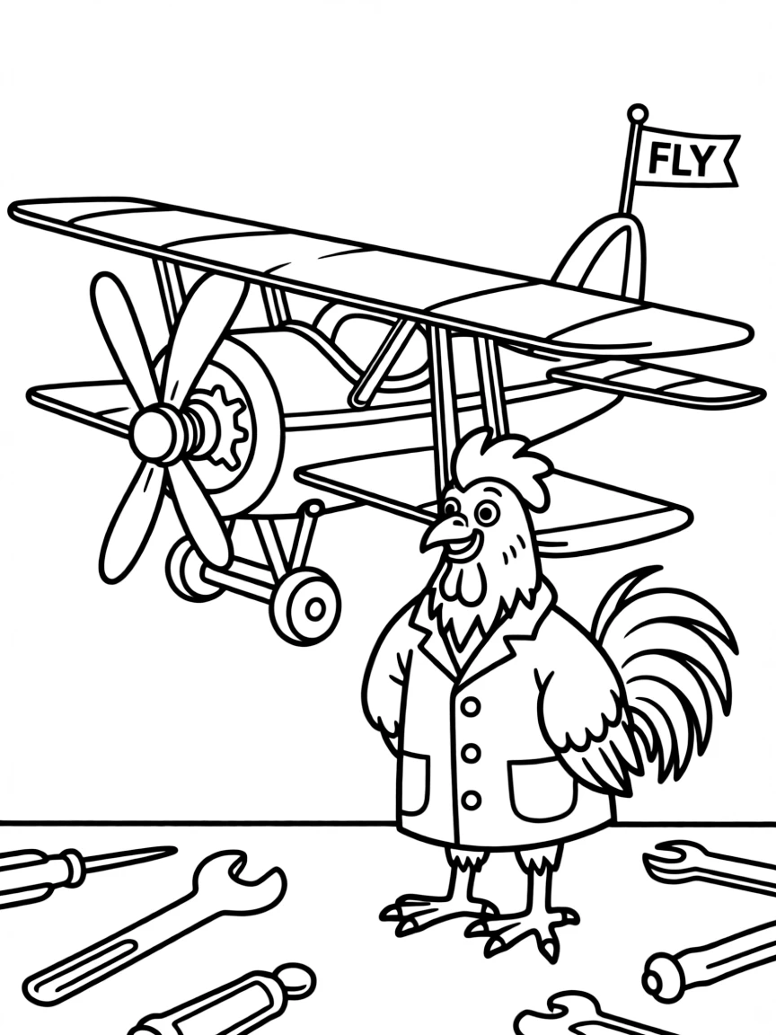 A rooster dressed as a scientist, inventing a flying contraption.
