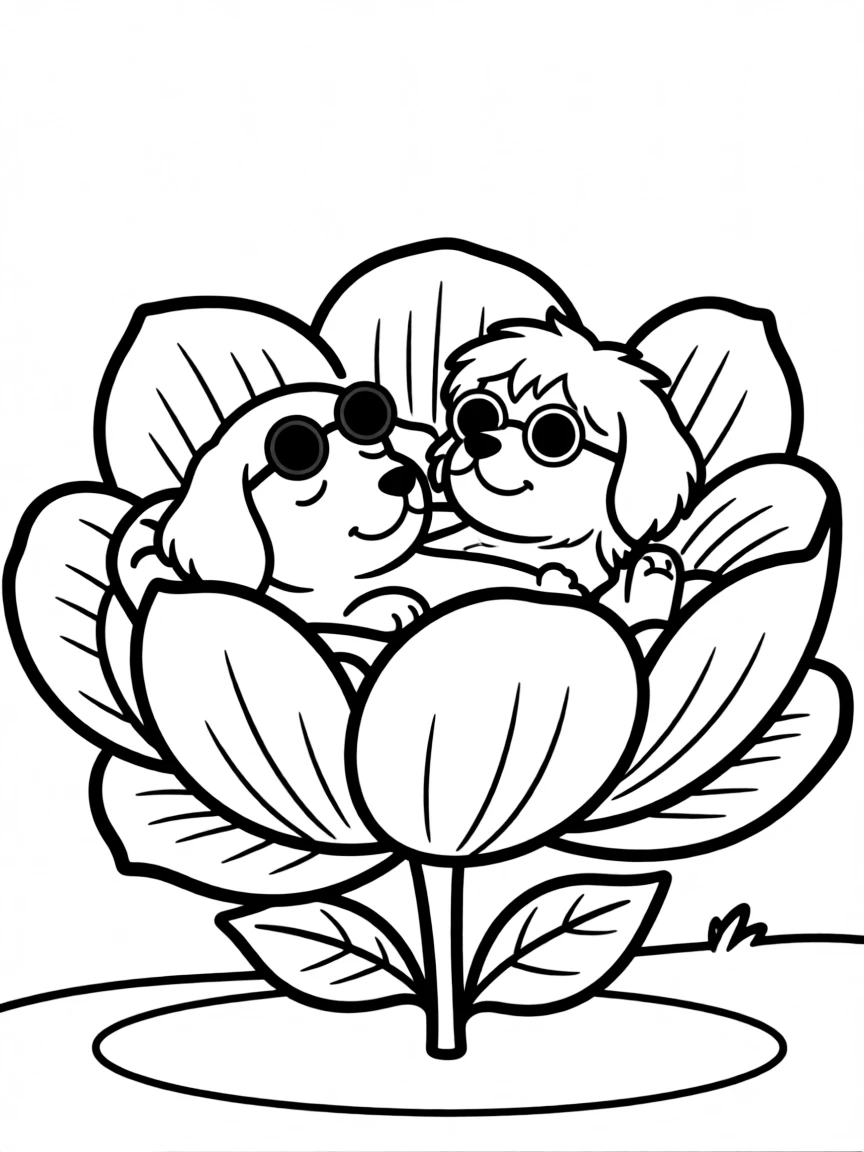A dog wearing tiny sunglasses, relaxing in a giant flower.