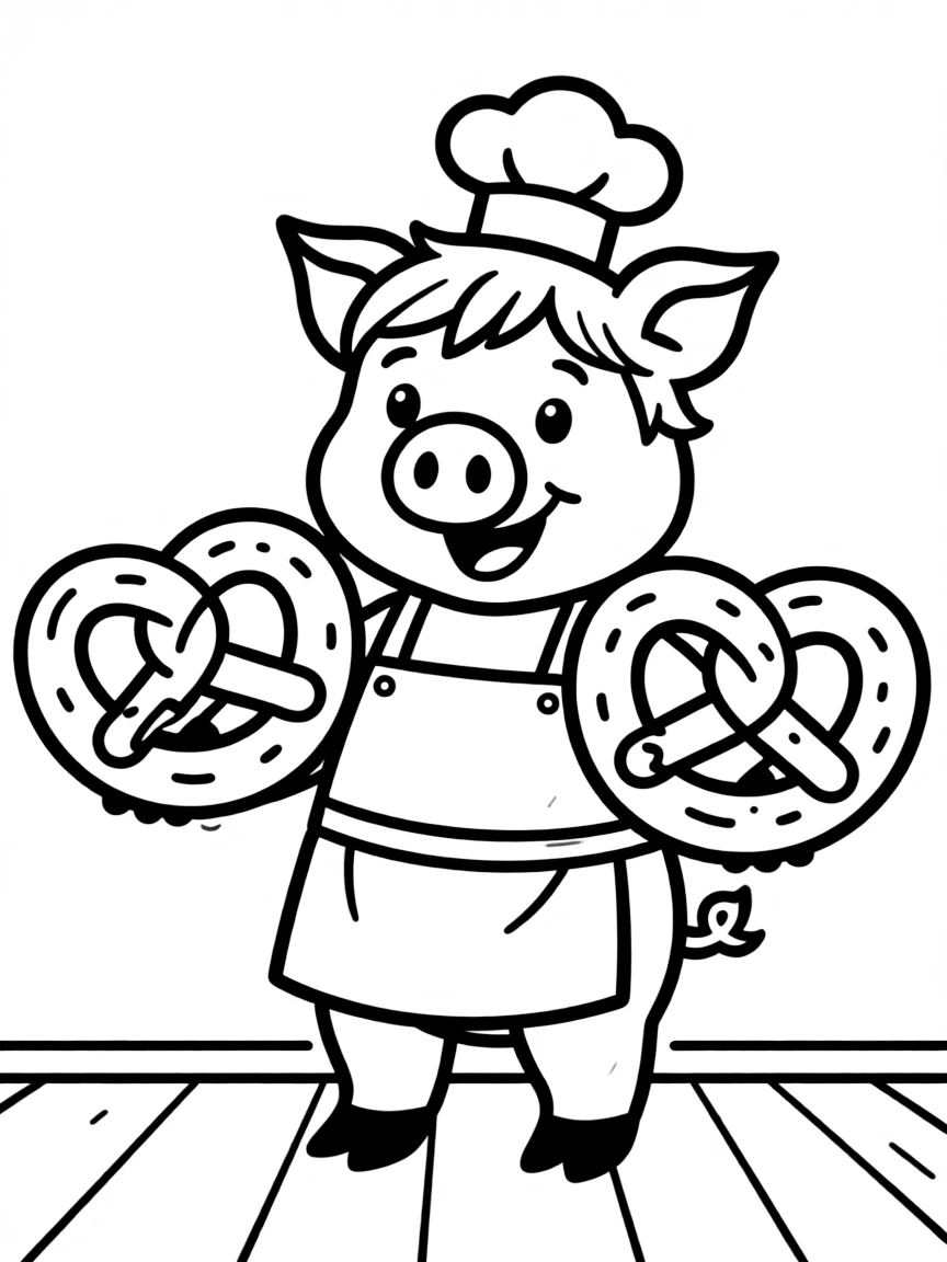 A pig wearing a tiny chef's hat, serving giant pretzels.