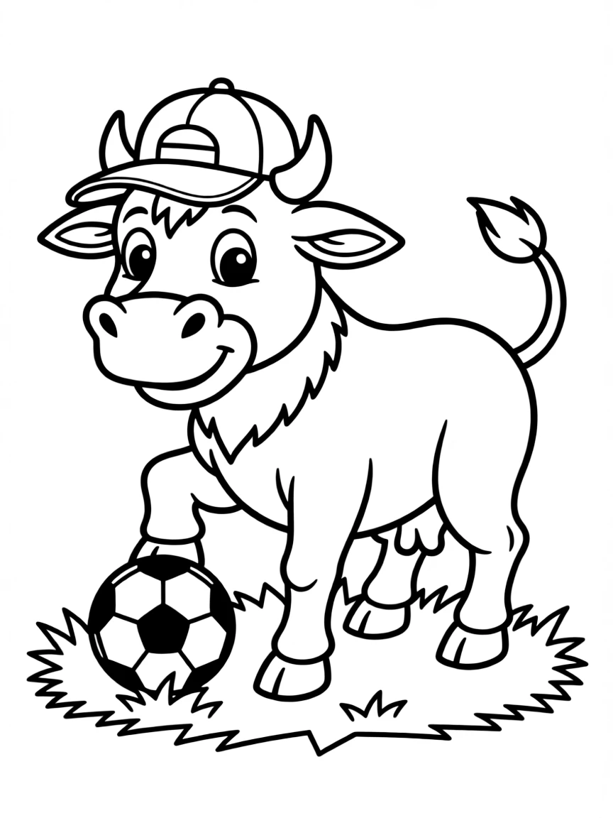 An ox wearing a tiny baseball cap, playing soccer.