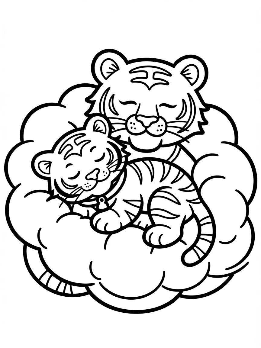 A tiger cub napping in a giant, fluffy cloud shaped like a tiger.