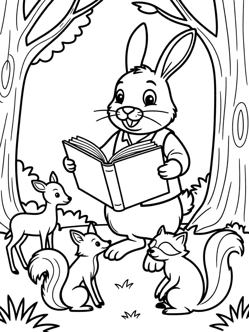 A rabbit holding a giant book, telling stories to forest animals.