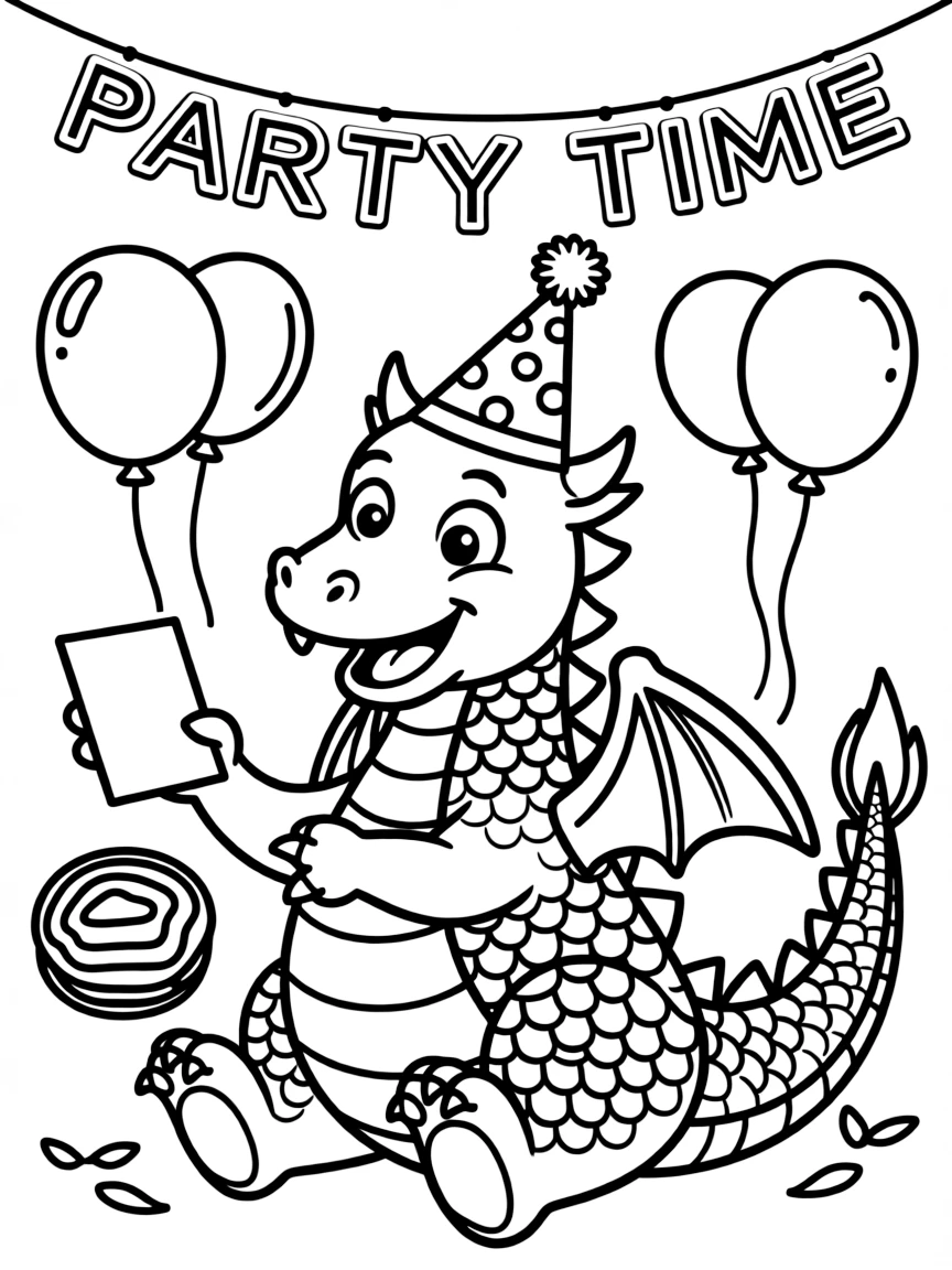A dragon wearing a party hat, playing charades.