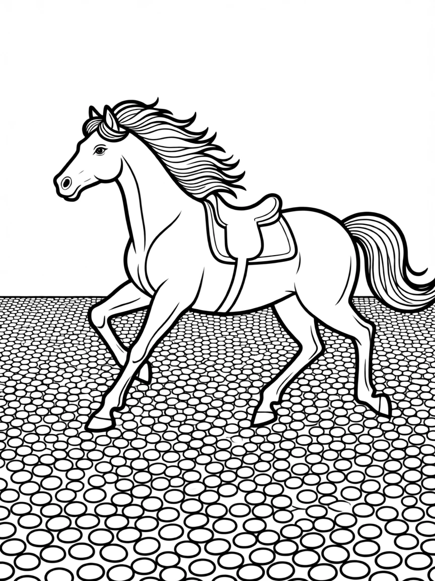 A horse with a flowing mane, galloping through a field of jelly beans.