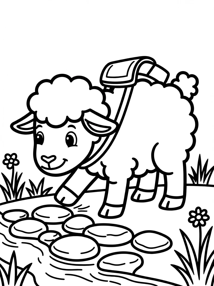 A sheep wearing a tiny backpack, collecting smooth river stones.