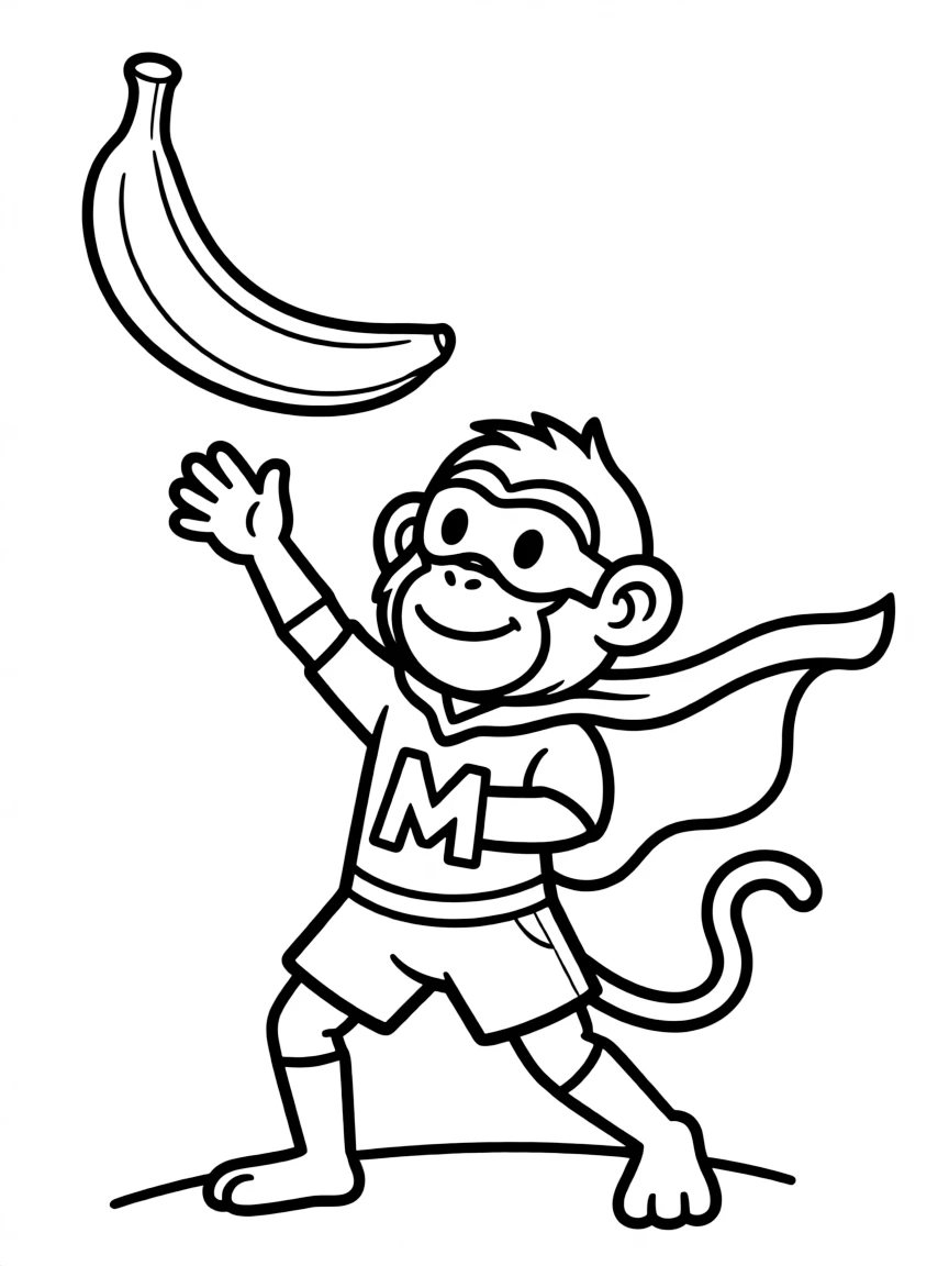 A monkey dressed as a superhero, saving a banana from falling.