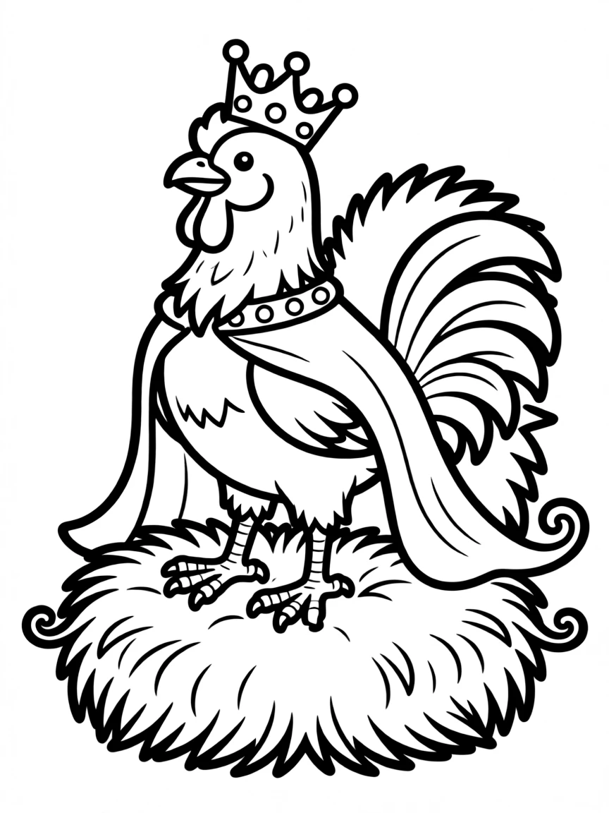 A rooster dressed as a king, sitting on a throne of soft grass.