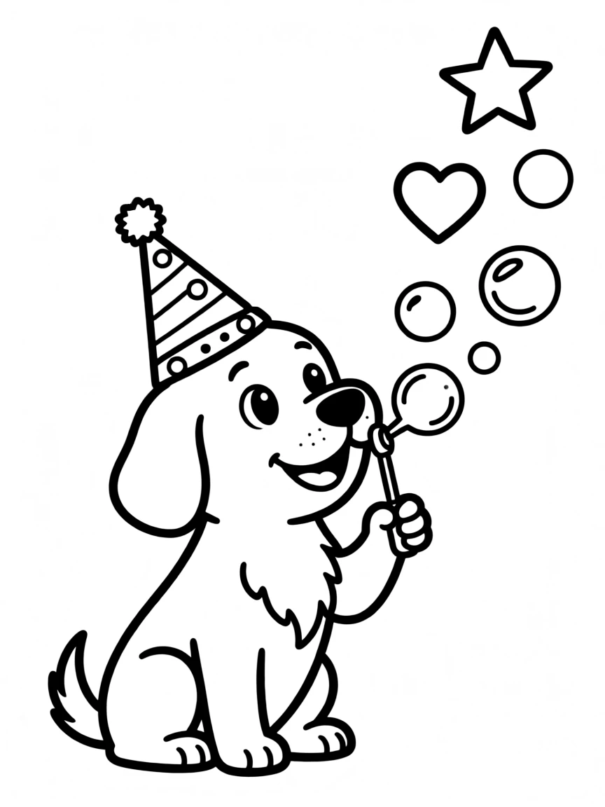 A dog wearing a tiny birthday hat, blowing bubbles that form into shapes.