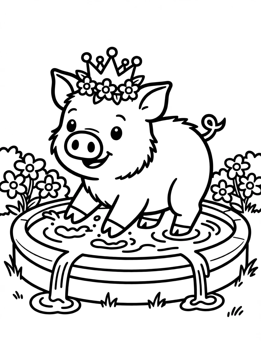 A pig wearing a tiny crown of flowers, playing in a gentle fountain.
