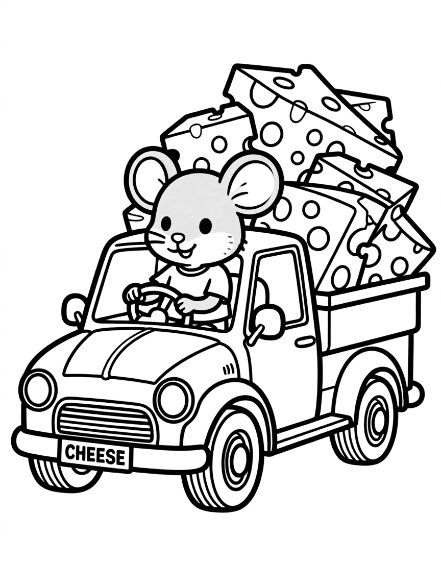 A rat driving a tiny truck full of cheese.