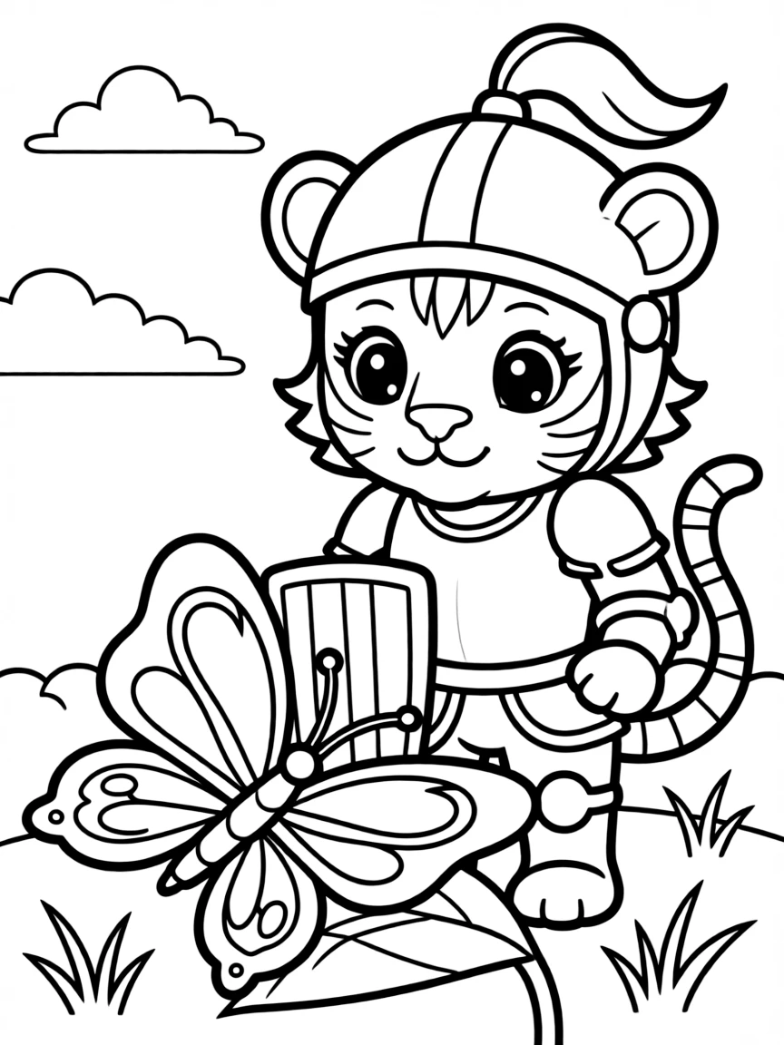 A tiger cub dressed as a knight, protecting a sleeping butterfly.