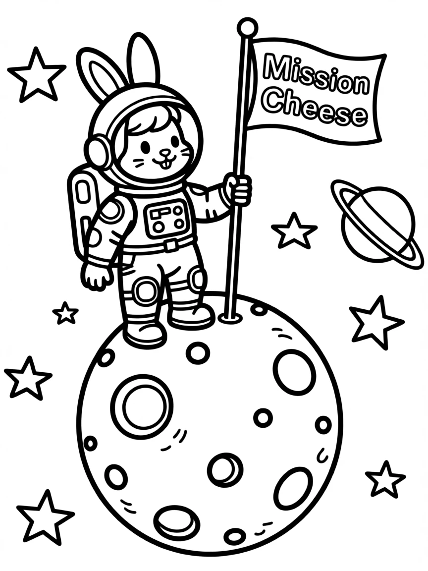 A rabbit dressed as an astronaut, planting a flag on a moon made of cheese.