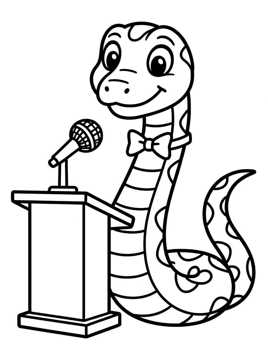 A snake wearing a tiny bow tie, giving a speech.