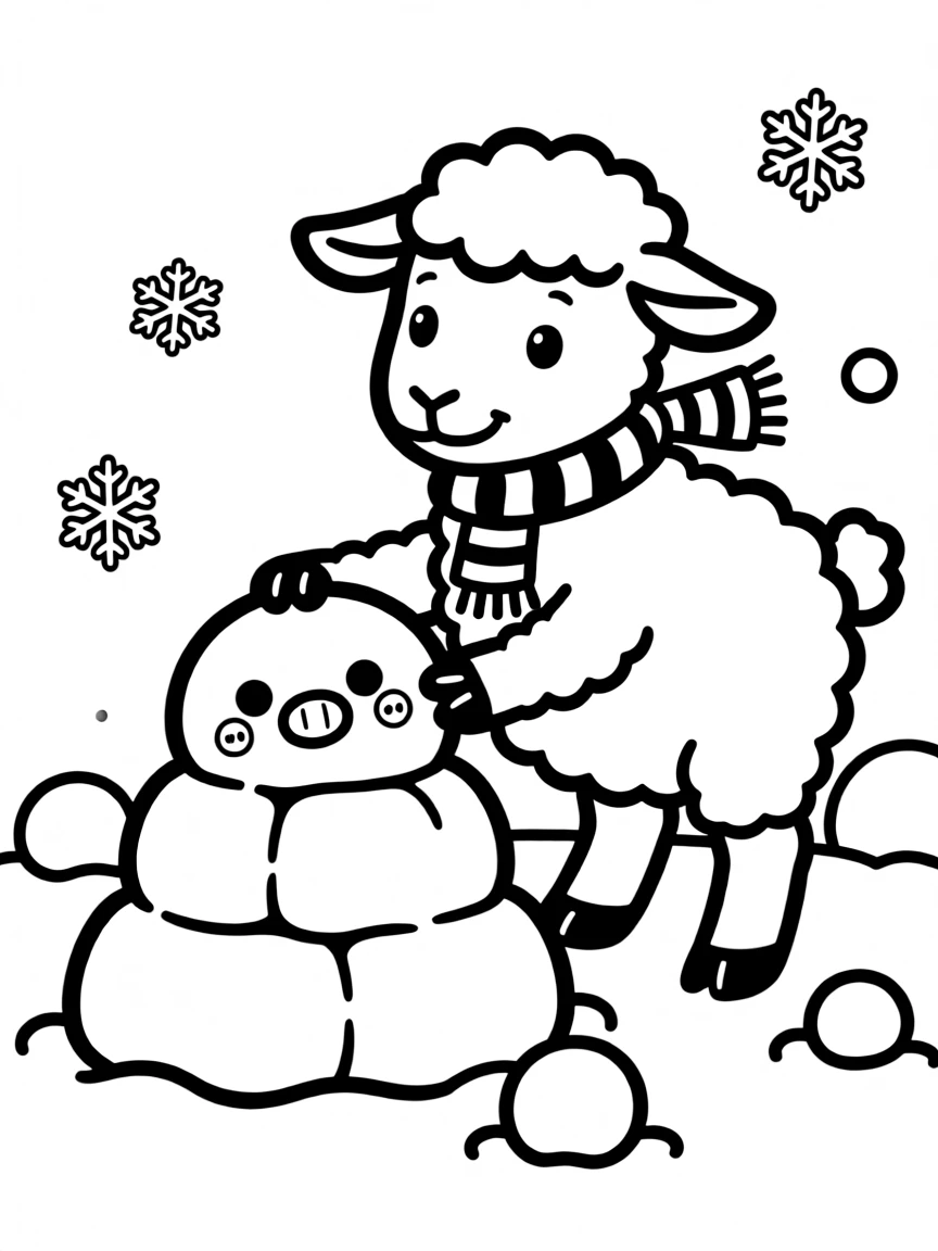 A sheep wearing a tiny scarf, building a snow fort with a carrot nose and button eyes.