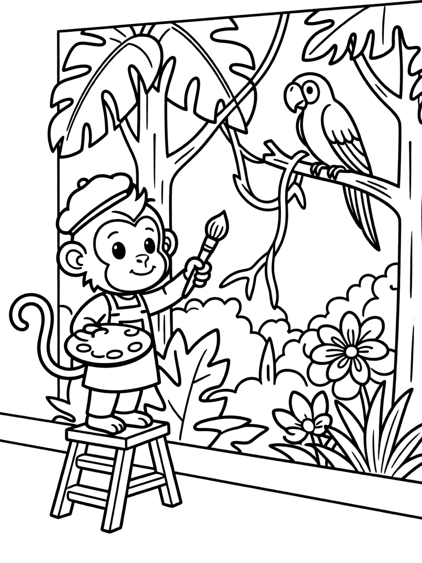 A monkey dressed as a painter, painting a mural of a jungle.