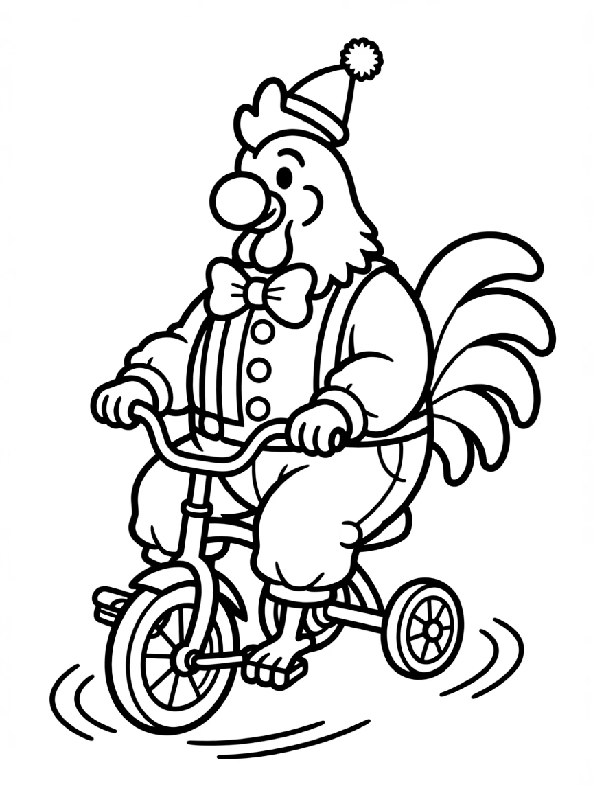 A rooster dressed as a clown, riding a tiny tricycle in circles.