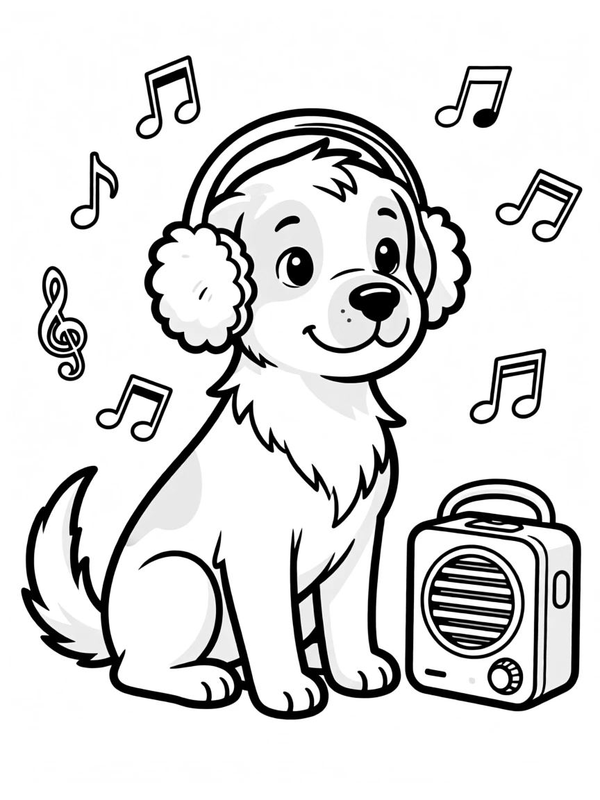 A dog wearing tiny earmuffs, listening to classical music.