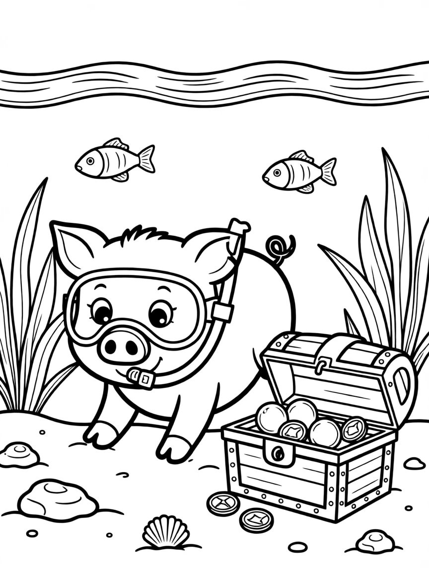 A pig wearing a tiny snorkel, exploring a treasure chest at the bottom of a pond.