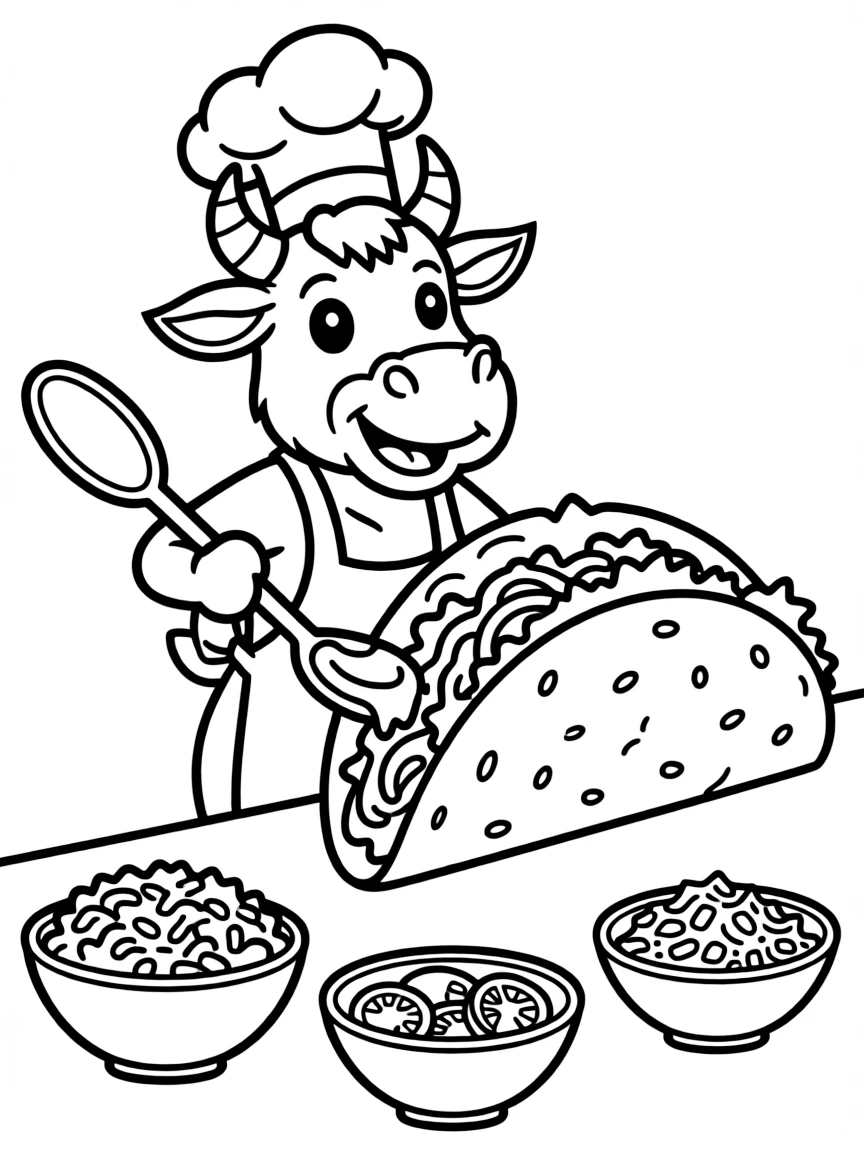 An ox wearing a tiny chef's hat, making giant tacos.