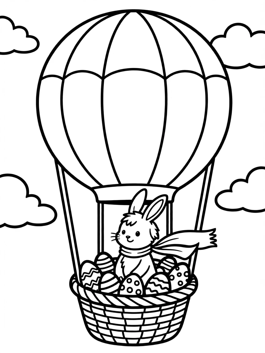 A rabbit riding a hot air balloon with a basket of painted eggs.