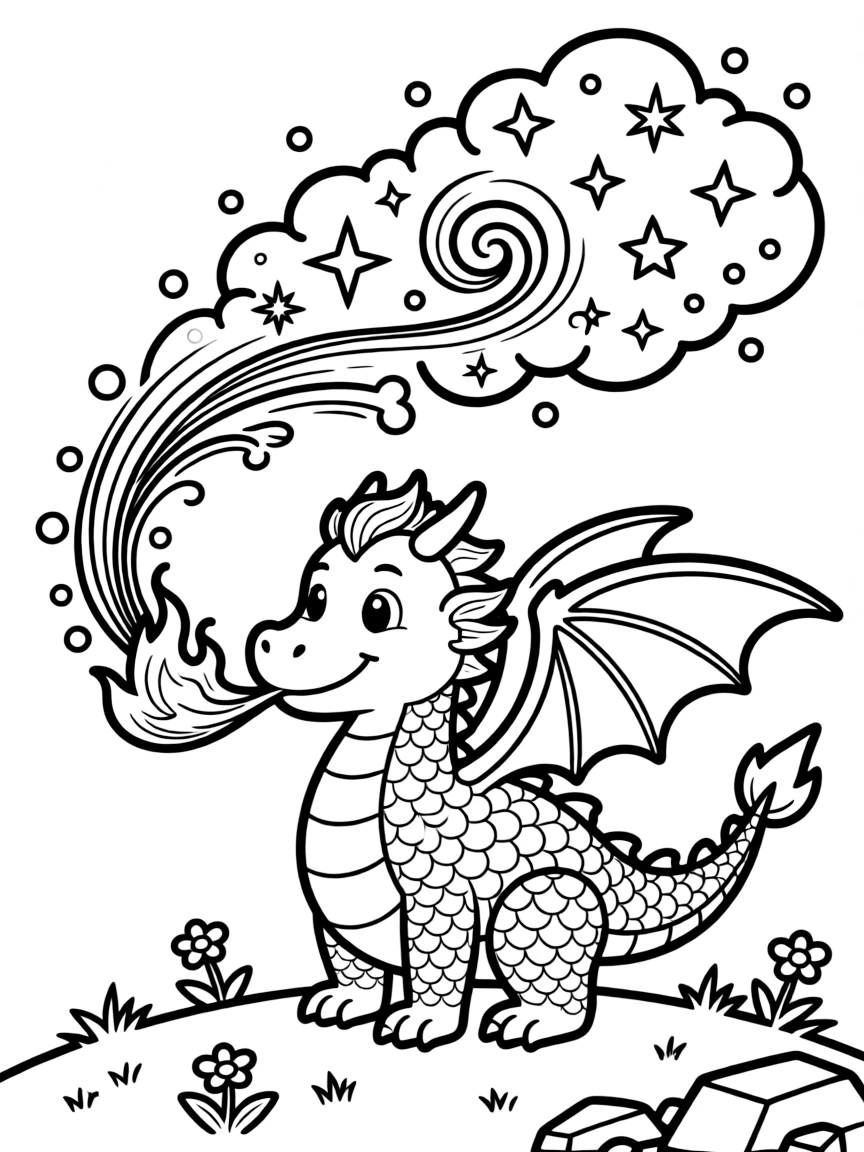 A dragon blowing fire that makes colorful smoke and sparkles.