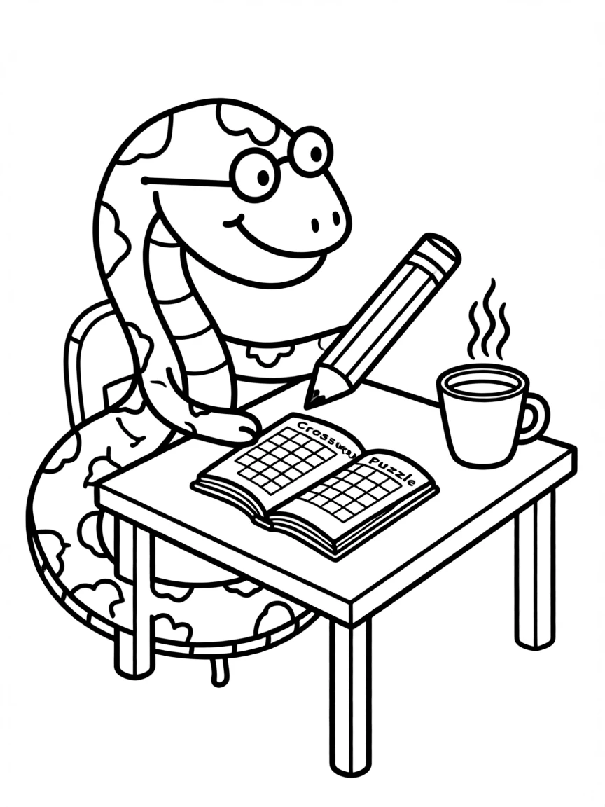 A snake wearing tiny spectacles, doing a crossword puzzle.