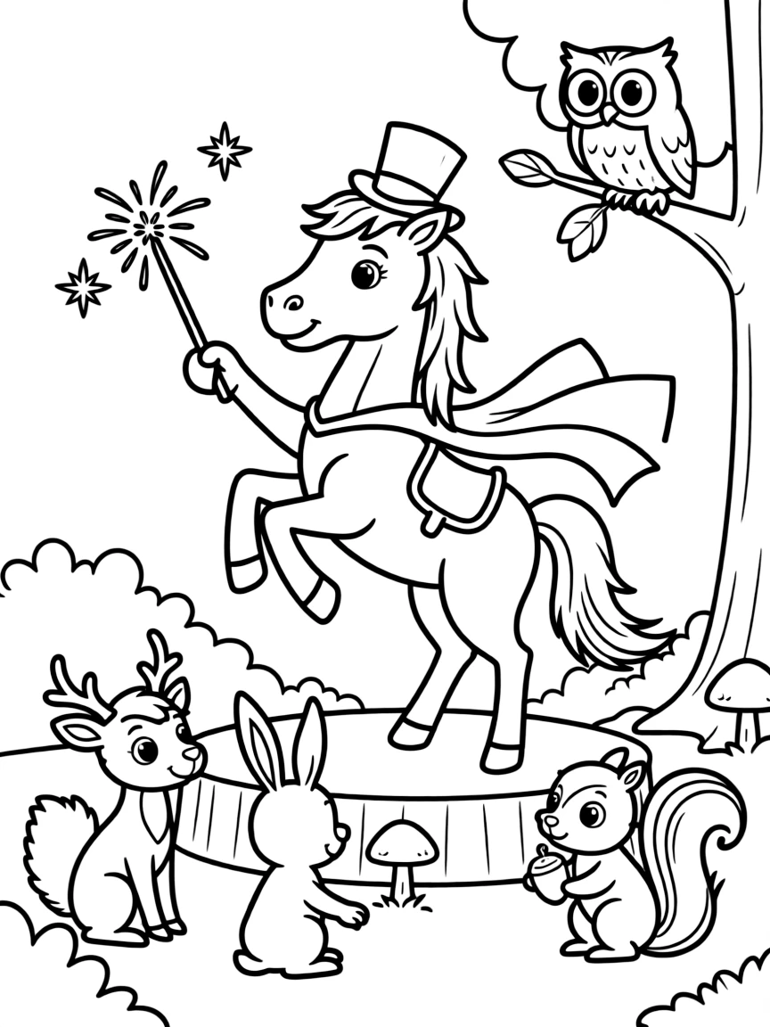 A horse wearing a tiny top hat, doing a magic show for forest animals.