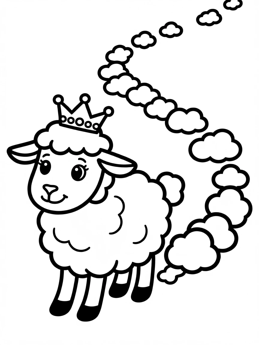 A sheep wearing a tiny crown, leading a procession of tiny, fluffy clouds.