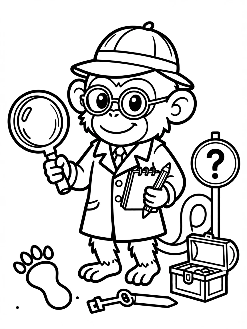 A monkey dressed as a detective, solving a funny mystery.