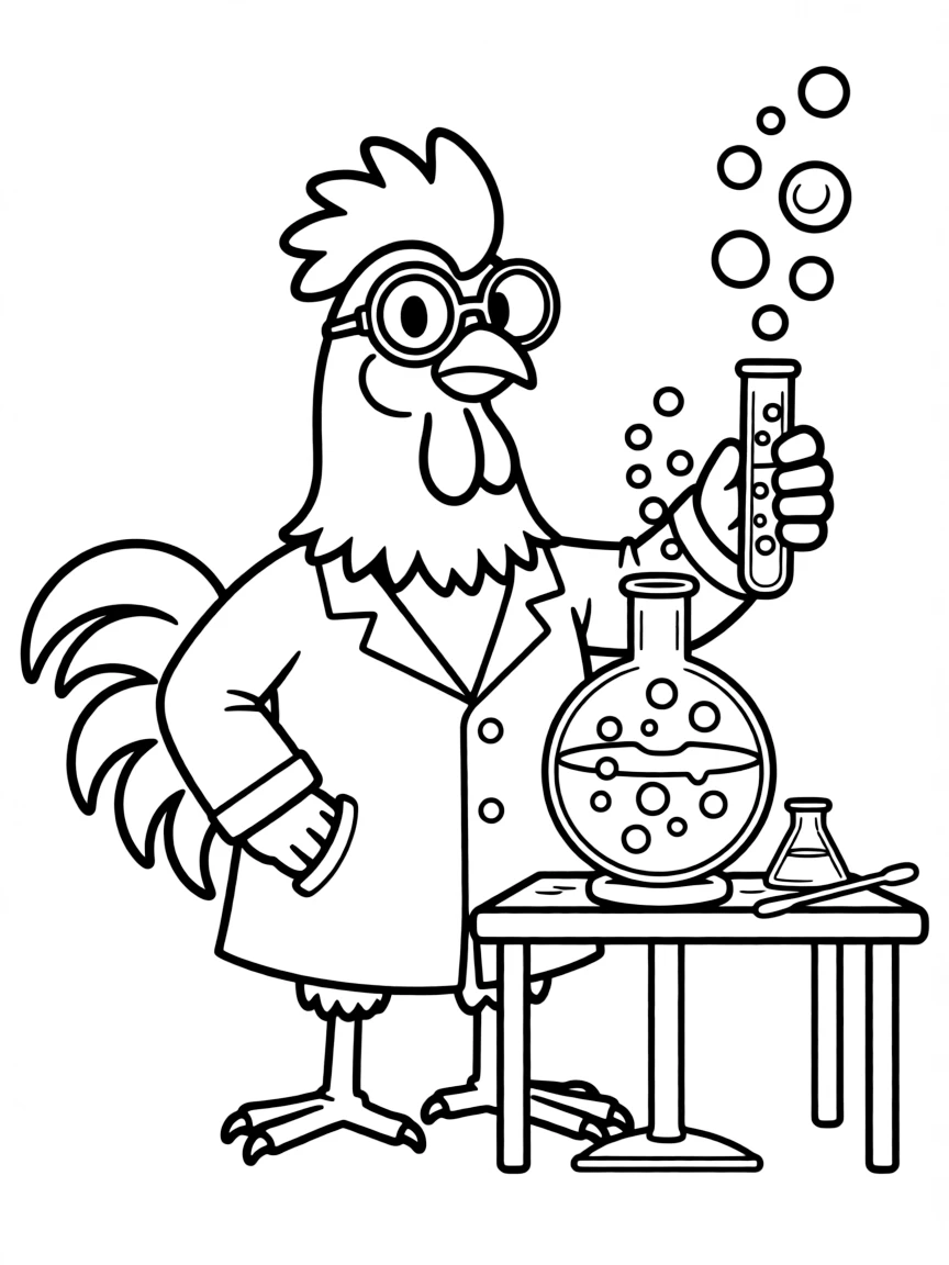 A rooster dressed as a scientist, creating a fizzy, colorful experiment.